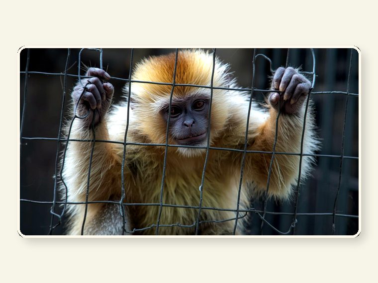 Capuchin Monkey Breaking Mesh Of Cage And Escaping — shown as an educational reminder of the risks, injuries and behavioural realities involved in exotic animal ownership.