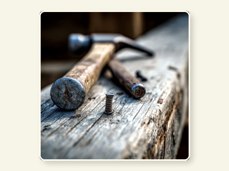 A Hammer And Screw Sitting On A Wooden Surface 71101328 — practical support item linked to food, warmth, repairs, enrichment or enclosure needs.