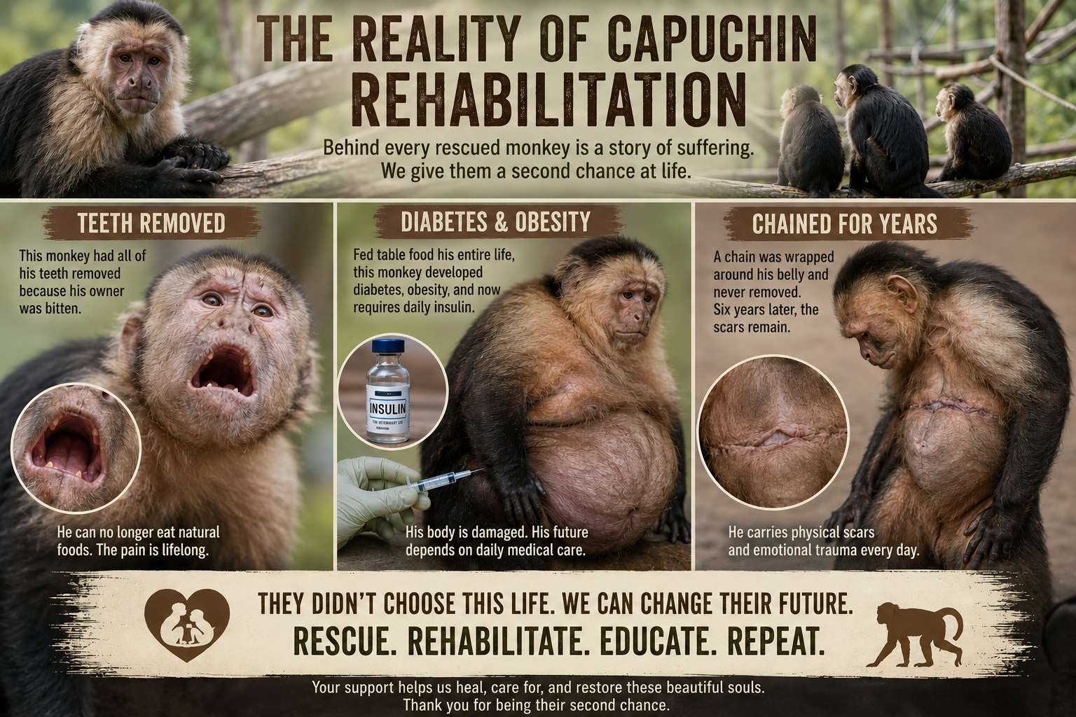 The reality of capuchin rehabilitation infographic
